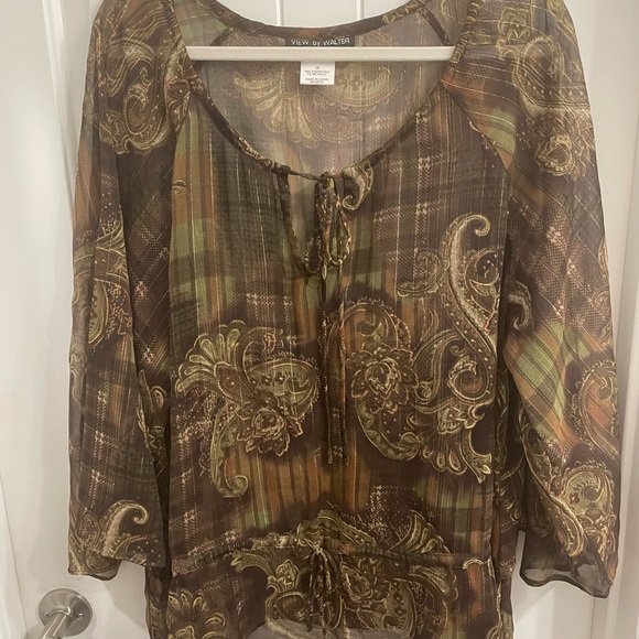 View by Walter Baker Plus Size Brown/Green/Orange Sheer Tie Top - Picture 1 of 6